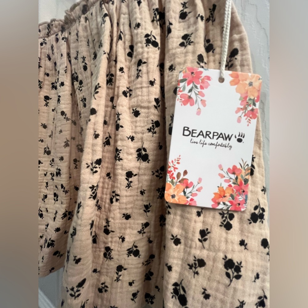 NWT Bearpaw Toddler Girl Floral Cotton Dress Cream and Tan with Hair clips - Picture 3 of 7